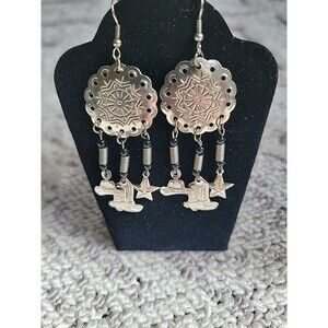 Silver Tone Western Cowboy Dangle Earrings Costume Jewelry